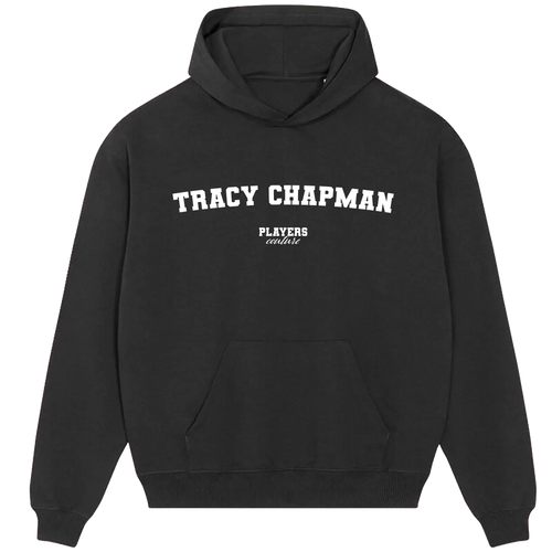 Tracy Chapman hoodie – black men's hoodie with white Tracy Chapman letters and Players Couture logo on the chest