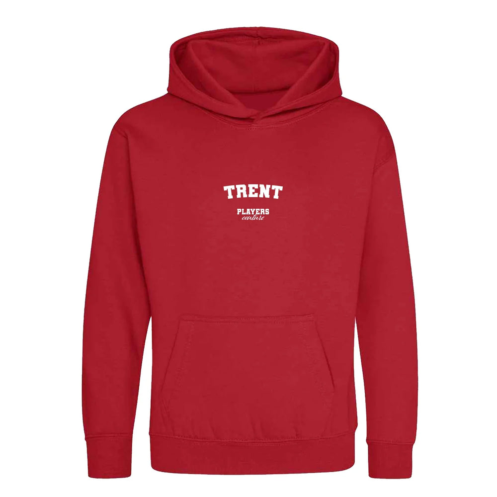 Trent hoodie – red kids' hoodie with white Trent letters and Players Couture logo on the chest