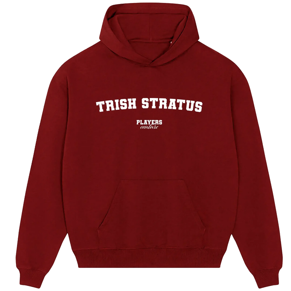 Trish Stratus hoodie – red men's hoodie with white Trish Stratus letters and Players Couture logo on the chest