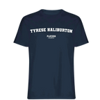Tyrese Haliburton t-shirt – navy men's t-shirt with white Tyrese Haliburton letters and Players Couture logo on the chest