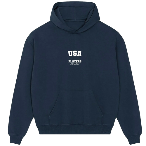USA hoodie – navy men's hoodie with white USA letters and Players Couture logo on the chest