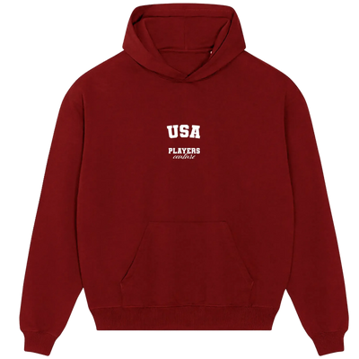 USA hoodie – red men's hoodie with white USA letters and Players Couture logo on the chest