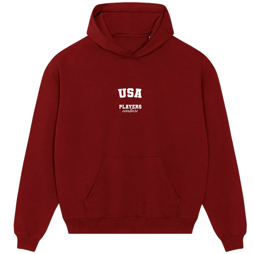 USA hoodie – red men's hoodie with white USA letters and Players Couture logo on the chest