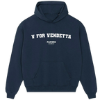V for Vendetta hoodie – navy men's hoodie with white V for Vendetta letters and Players Couture logo on the chest