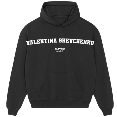 Valentina Shevchenko hoodie – black men's hoodie with white Valentina Shevchenko letters and Players Couture logo on the