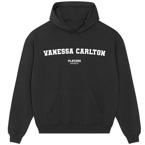 Vanessa Carlton hoodie – black men's hoodie with white Vanessa Carlton letters and Players Couture logo on the chest