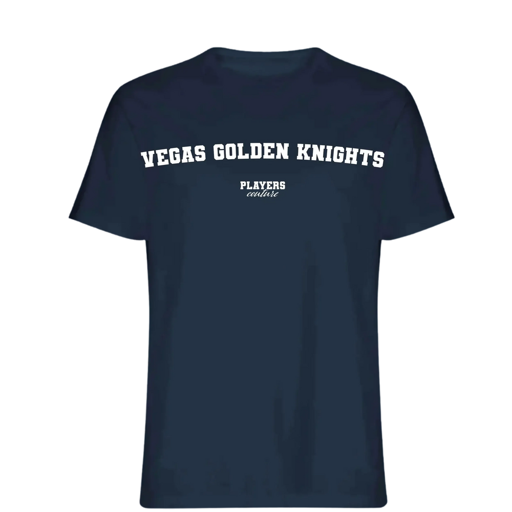 Vegas Golden Knights t-shirt – navy men's t-shirt with white Vegas Golden Knights letters and Players Couture logo on the