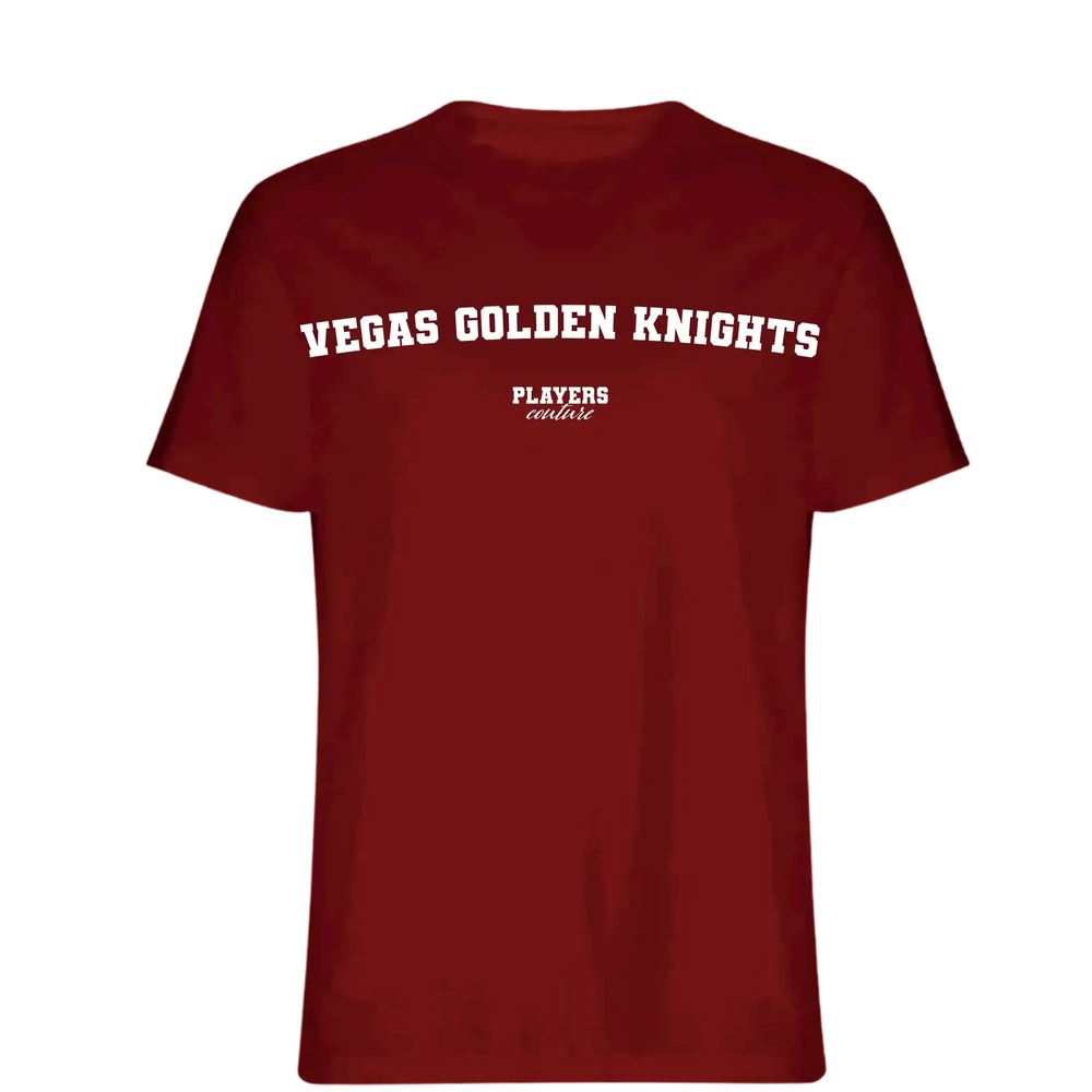 Vegas Golden Knights t-shirt – red men's t-shirt with white Vegas Golden Knights letters and Players Couture logo on the