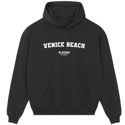Venice Beach hoodie – black men's hoodie with white Venice Beach letters and Players Couture logo on the chest