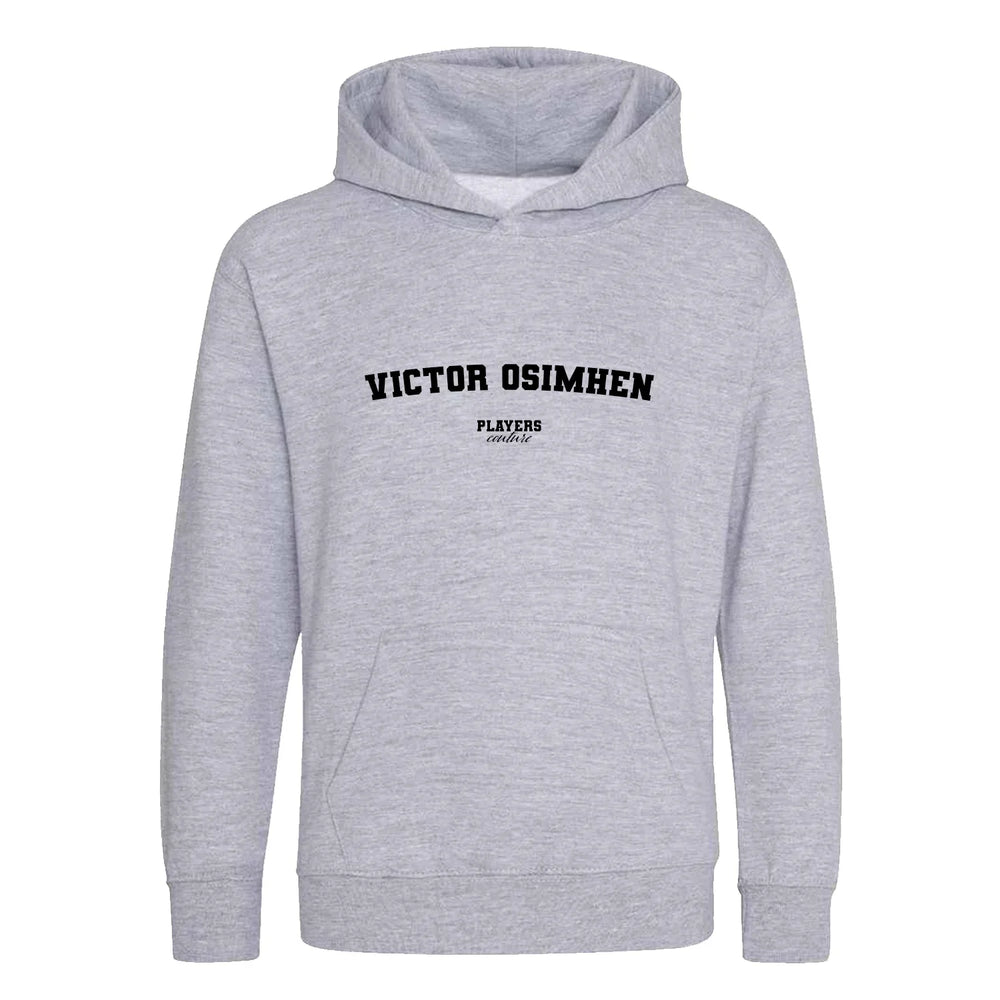 Victor Osimhen hoodie – grey kids' hoodie with black Victor Osimhen letters and Players Couture logo on the chest