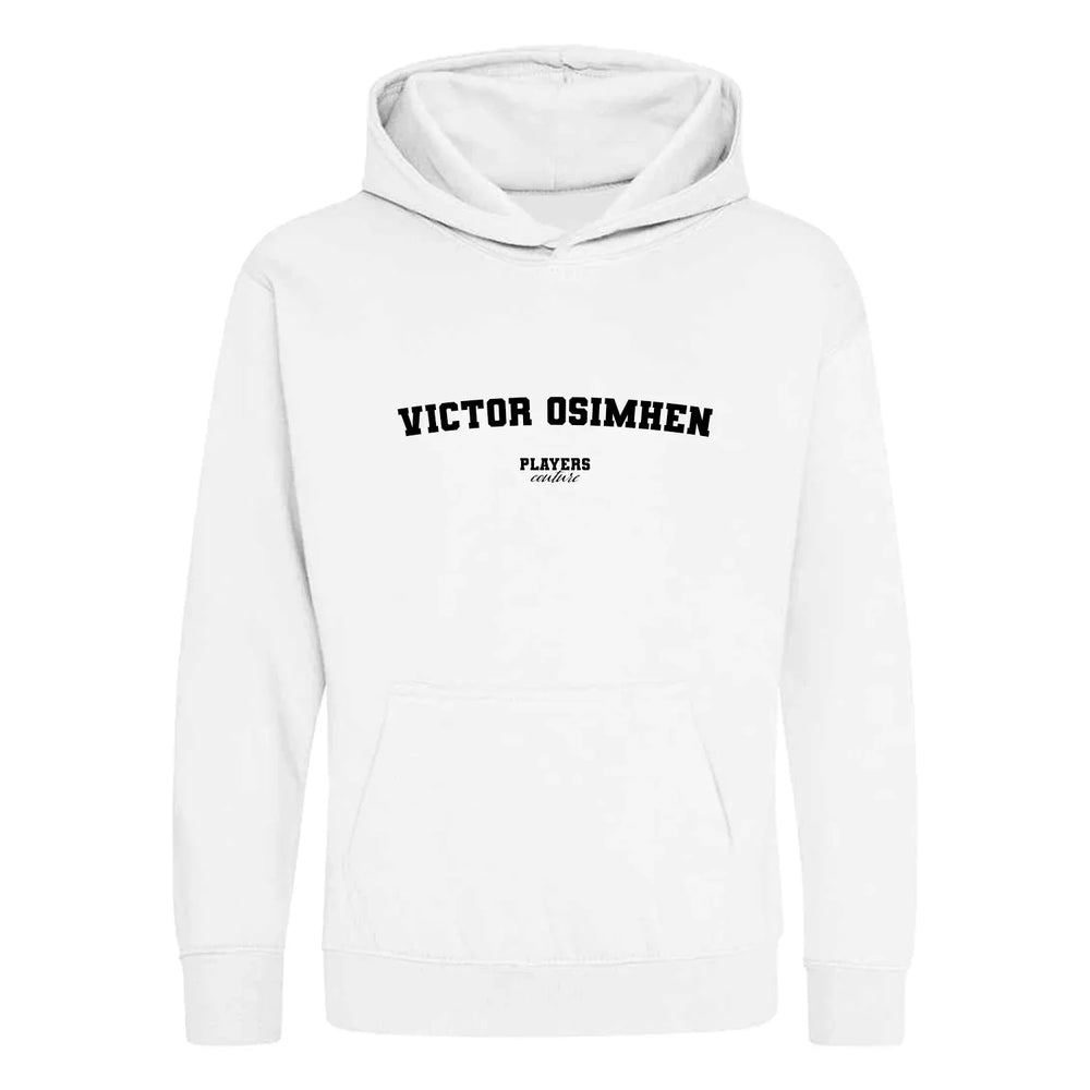 Victor Osimhen hoodie – white kids' hoodie with black Victor Osimhen letters and Players Couture logo on the chest