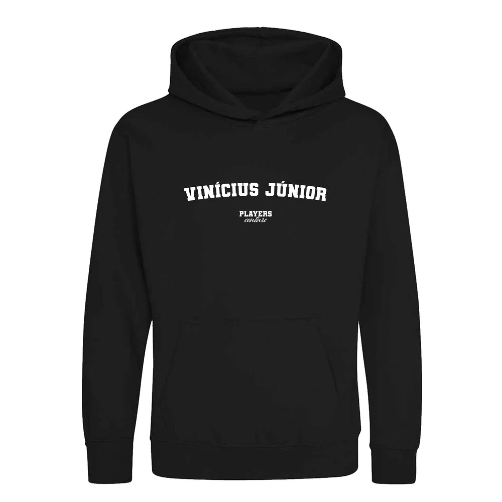 Vinícius Júnior hoodie – black kids' hoodie with white Vinícius Júnior letters and Players Couture logo on the chest