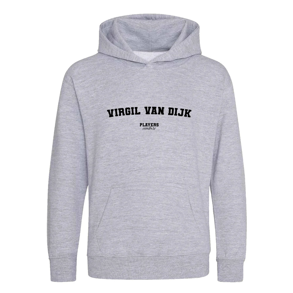 Virgil van Dijk hoodie – grey kids' hoodie with black Virgil van Dijk letters and Players Couture logo on the chest