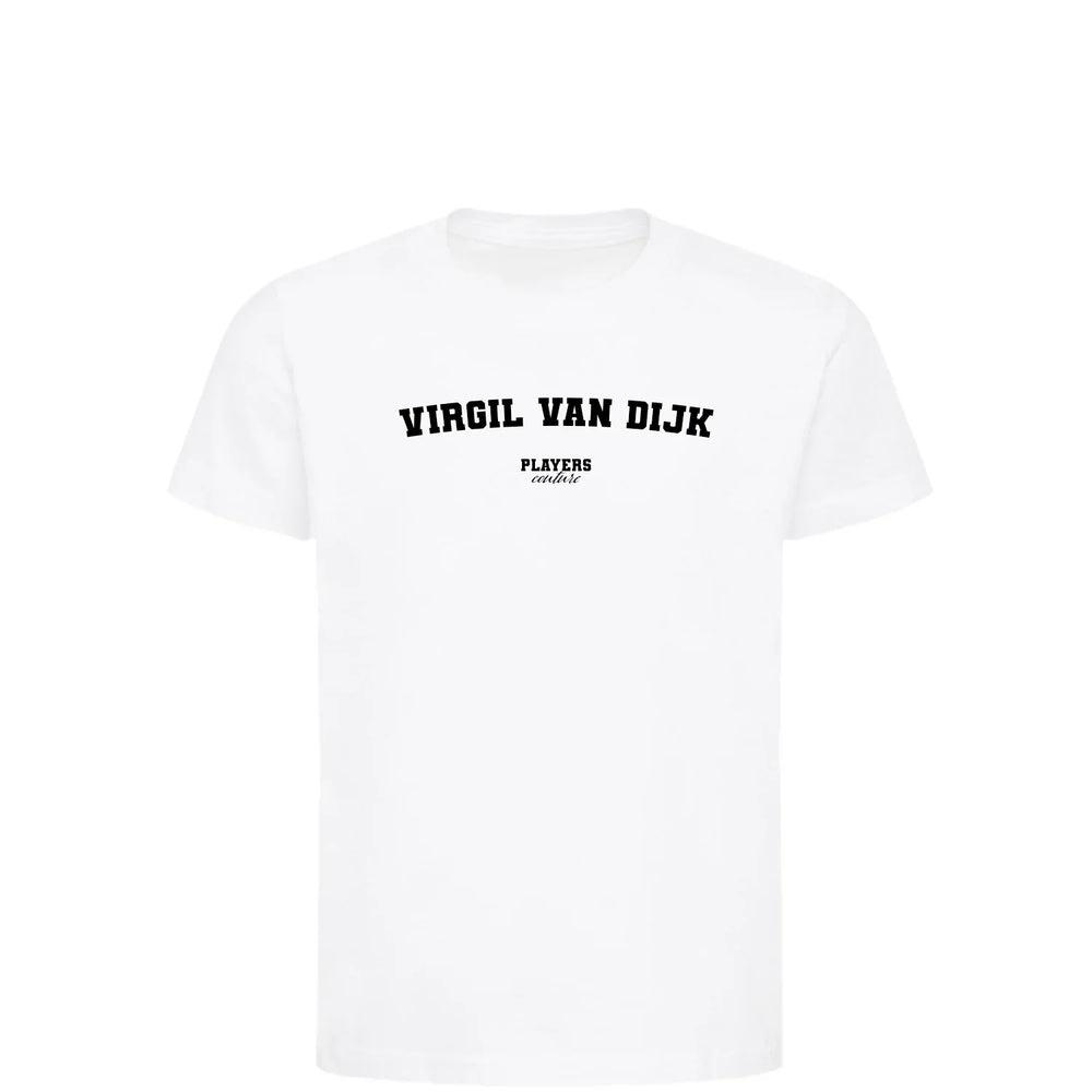 Virgil van Dijk t-shirt – white kids' t-shirt with black Virgil van Dijk letters and Players Couture logo on the chest