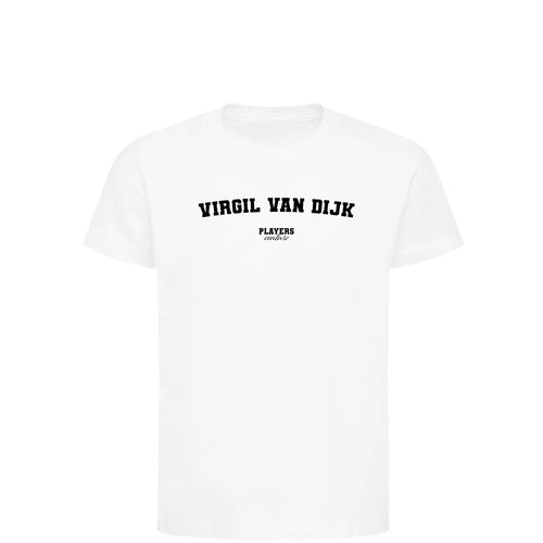 Virgil van Dijk t-shirt – white kids' t-shirt with black Virgil van Dijk letters and Players Couture logo on the chest