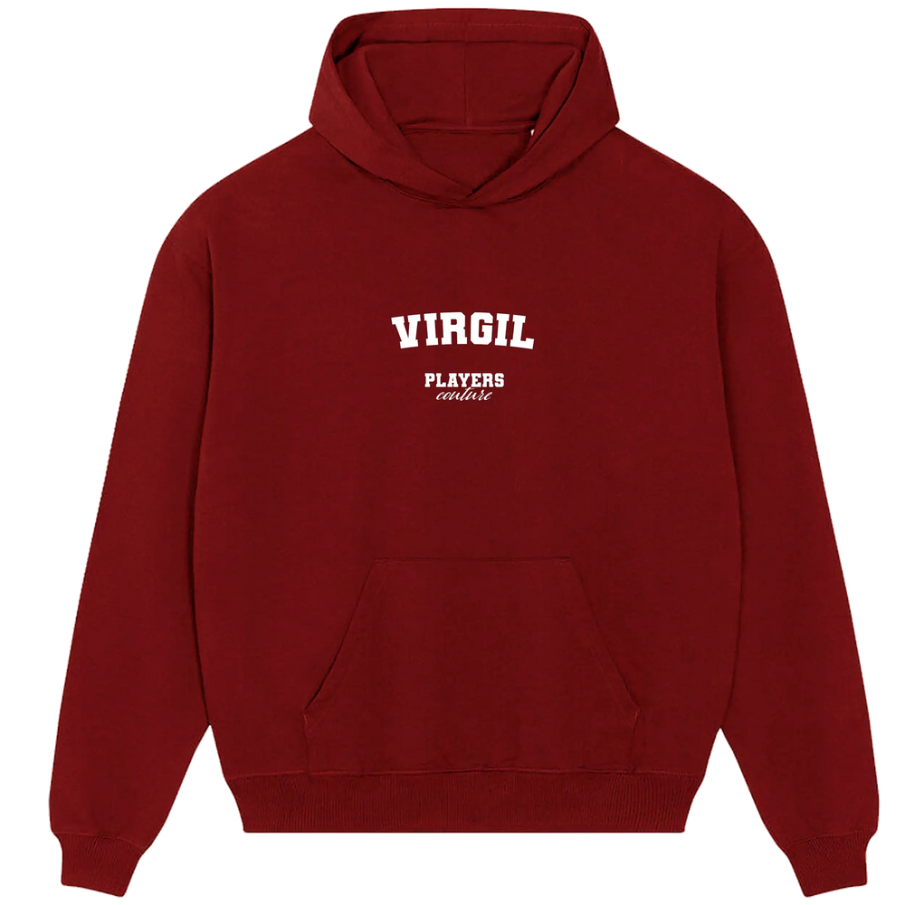 Burgundy Players Couture mens casual hoodie with 'Virgil' text and front pocket