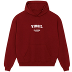 Burgundy Players Couture mens casual hoodie with 'Virgil' text and front pocket