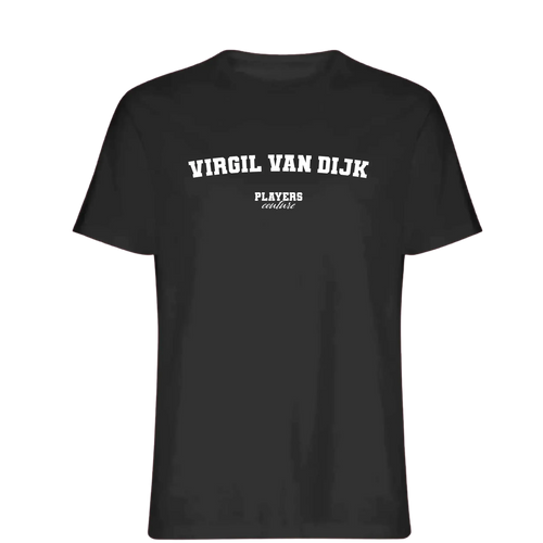 Virgil van Dijk t-shirt – black men's t-shirt with white Virgil van Dijk letters and Players Couture logo on the chest
