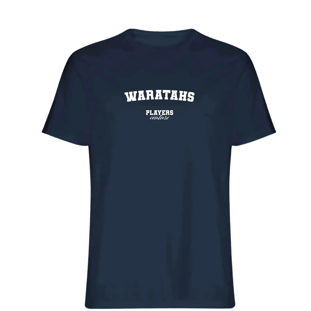 Waratahs t-shirt – navy men's t-shirt with white Waratahs letters and Players Couture logo on the chest