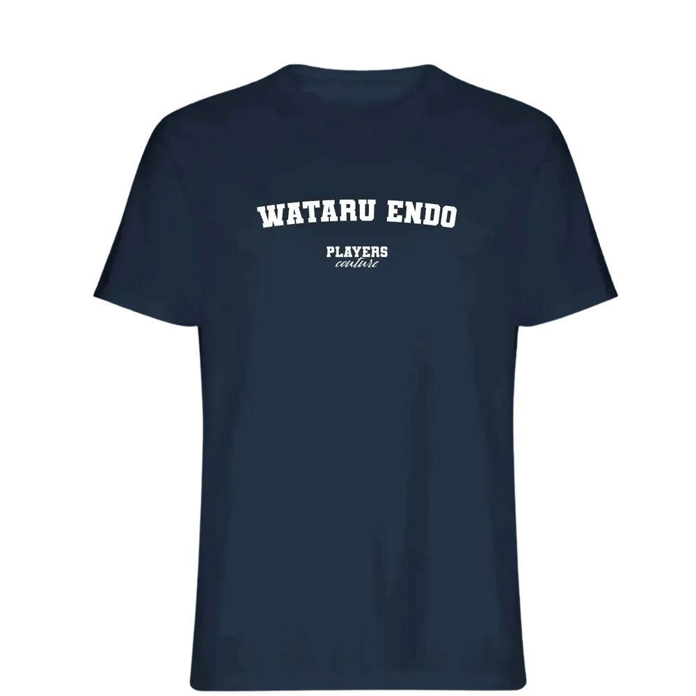 Wataru Endo t-shirt – navy men's t-shirt with white Wataru Endo letters and Players Couture logo on the chest