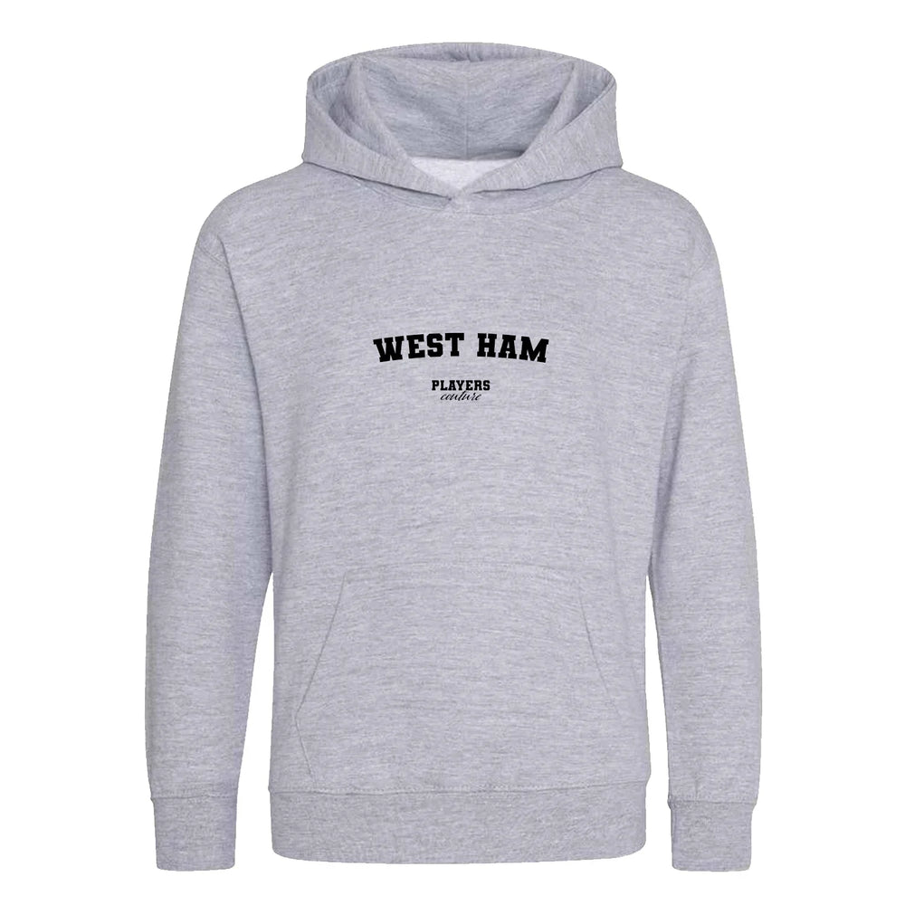 West Ham hoodie – grey kids' hoodie with black West Ham letters and Players Couture logo on the chest