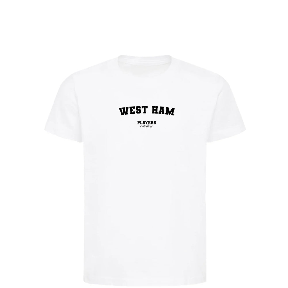 West Ham t-shirt – white kids' t-shirt with black West Ham letters and Players Couture logo on the chest