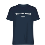 Western Force t-shirt – navy men's t-shirt with white Western Force letters and Players Couture logo on the chest