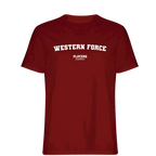 Western Force t-shirt – red men's t-shirt with white Western Force letters and Players Couture logo on the chest