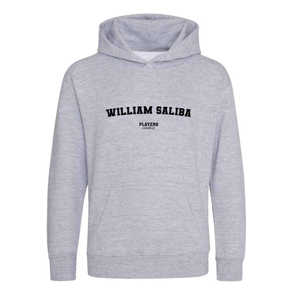 William Saliba hoodie – grey kids' hoodie with black William Saliba letters and Players Couture logo on the chest