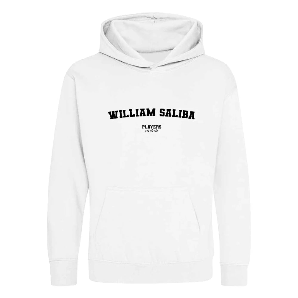 William Saliba hoodie – white kids' hoodie with black William Saliba letters and Players Couture logo on the chest