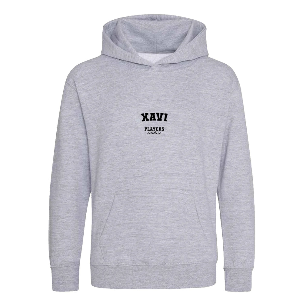 Xavi hoodie – grey kids' hoodie with black Xavi letters and Players Couture logo on the chest