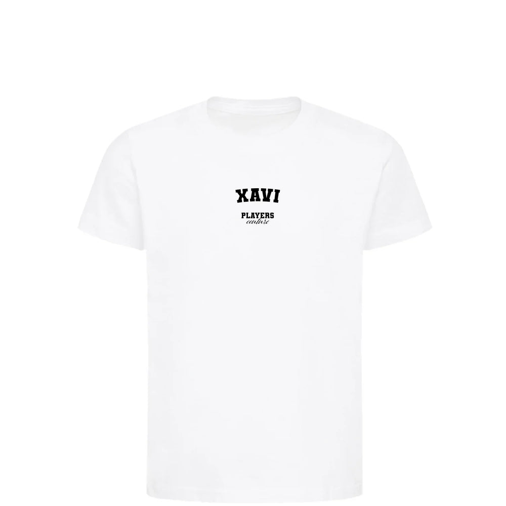 Xavi t-shirt – white kids' t-shirt with black Xavi letters and Players Couture logo on the chest