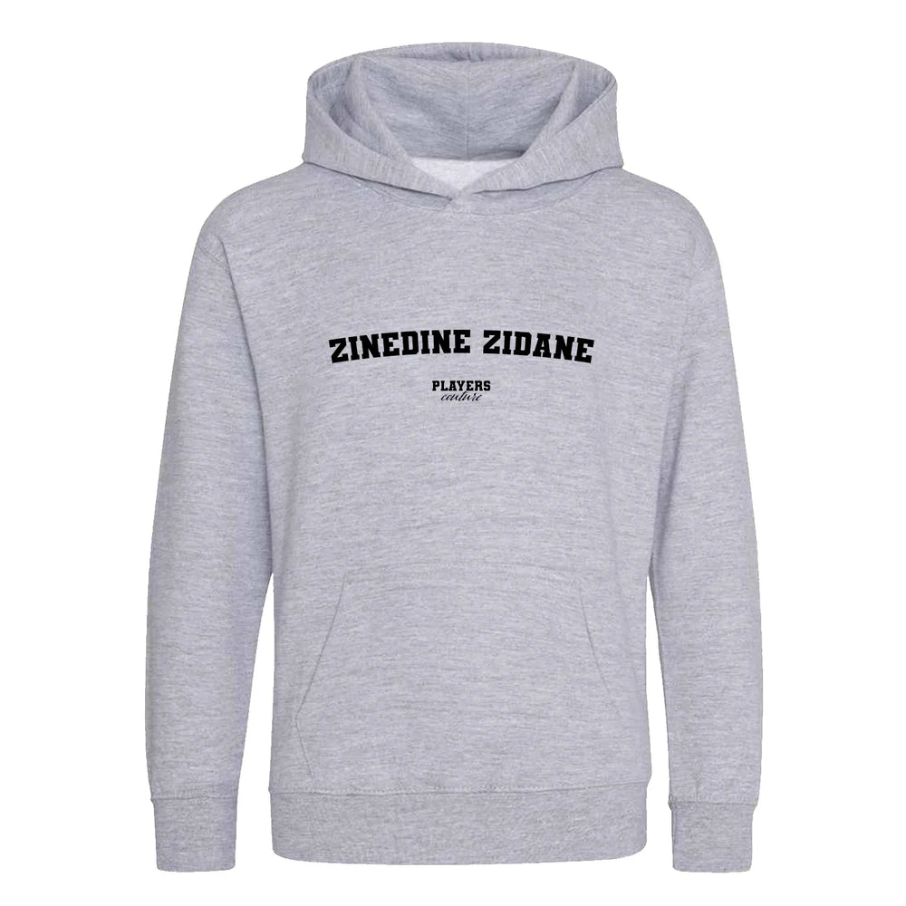 Zinedine Zidane hoodie – grey kids' hoodie with black Zinedine Zidane letters and Players Couture logo on the chest