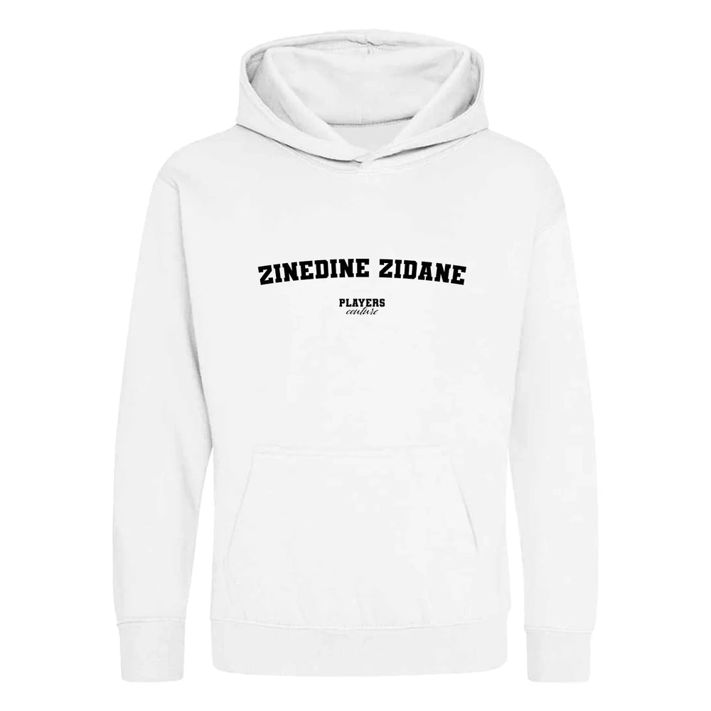 Zinedine Zidane hoodie – white kids' hoodie with black Zinedine Zidane letters and Players Couture logo on the chest