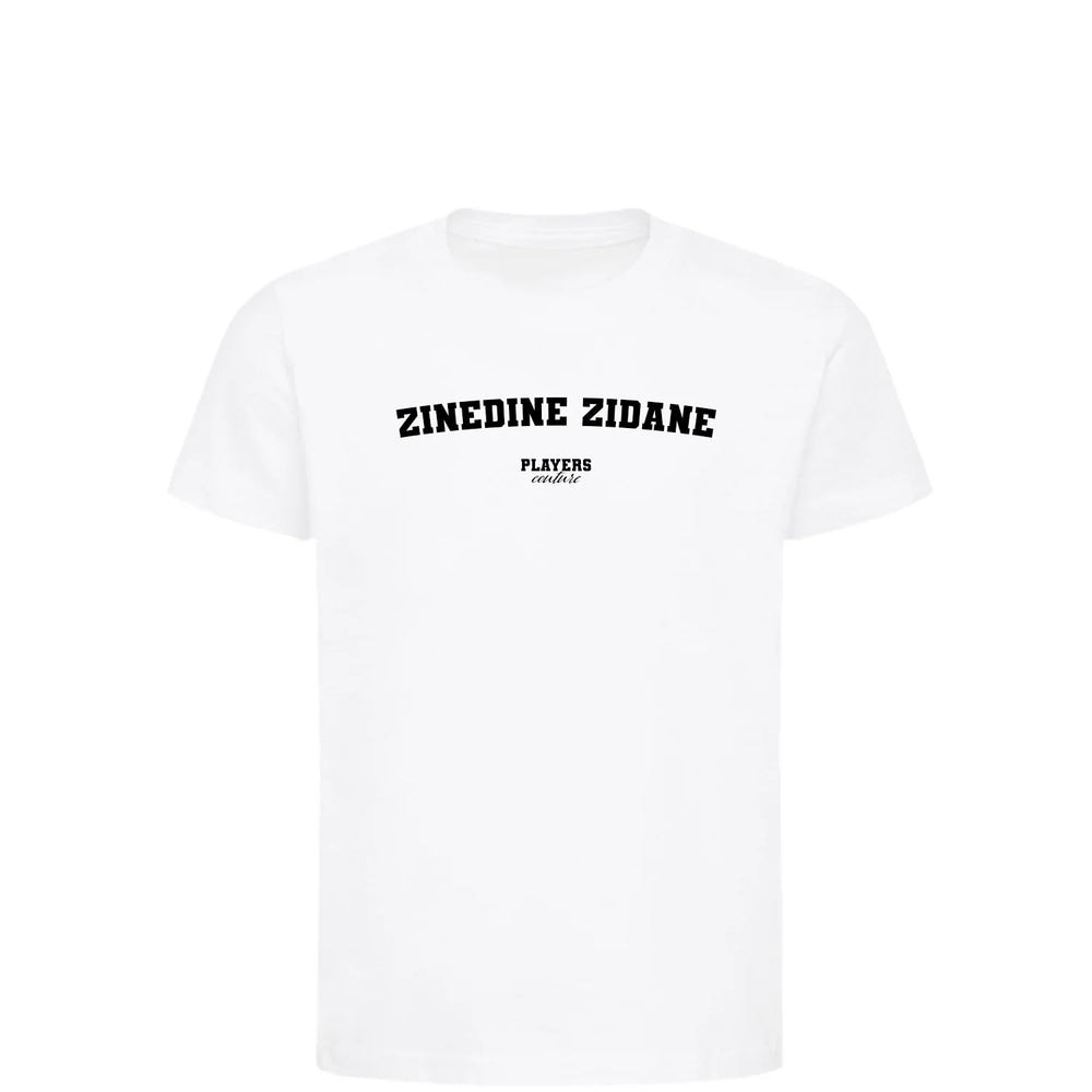 Zinedine Zidane t-shirt – white kids' t-shirt with black Zinedine Zidane letters and Players Couture logo on the chest