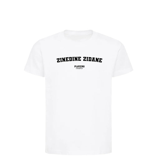 Zinedine Zidane t-shirt – white kids' t-shirt with black Zinedine Zidane letters and Players Couture logo on the chest
