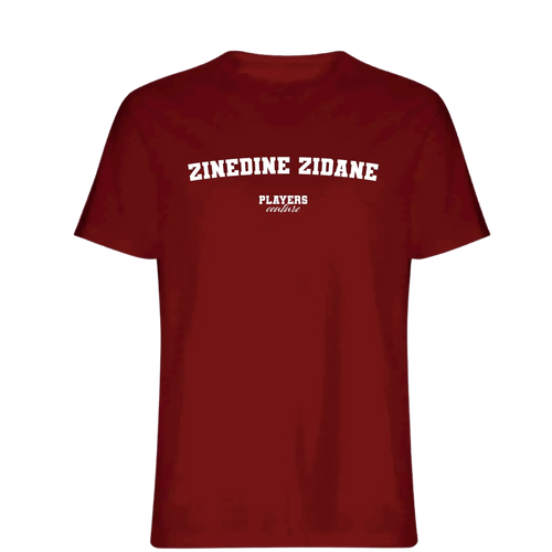 Zinedine Zidane t-shirt – red men's t-shirt with white Zinedine Zidane letters and Players Couture logo on the chest