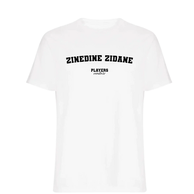 Zinedine Zidane t-shirt – white men's t-shirt with black Zinedine Zidane letters and Players Couture logo on the chest
