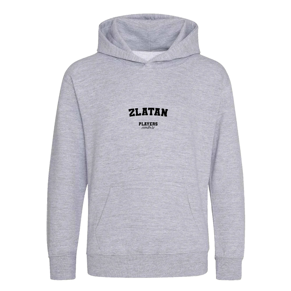Zlatan Ibrahimovic hoodie – grey kids' hoodie with black Zlatan Ibrahimovic letters and Players Couture logo on the chest