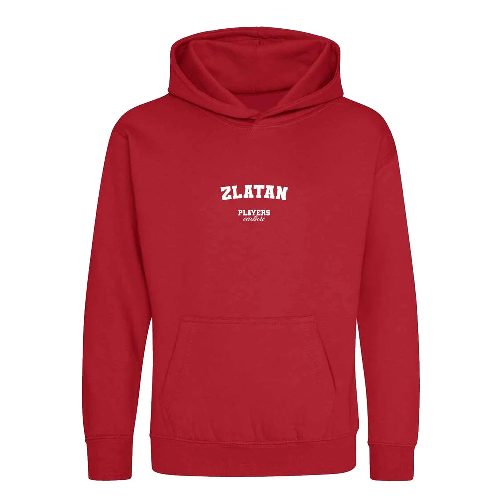 Zlatan Ibrahimovic hoodie – red kids' hoodie with white Zlatan Ibrahimovic letters and Players Couture logo on the chest