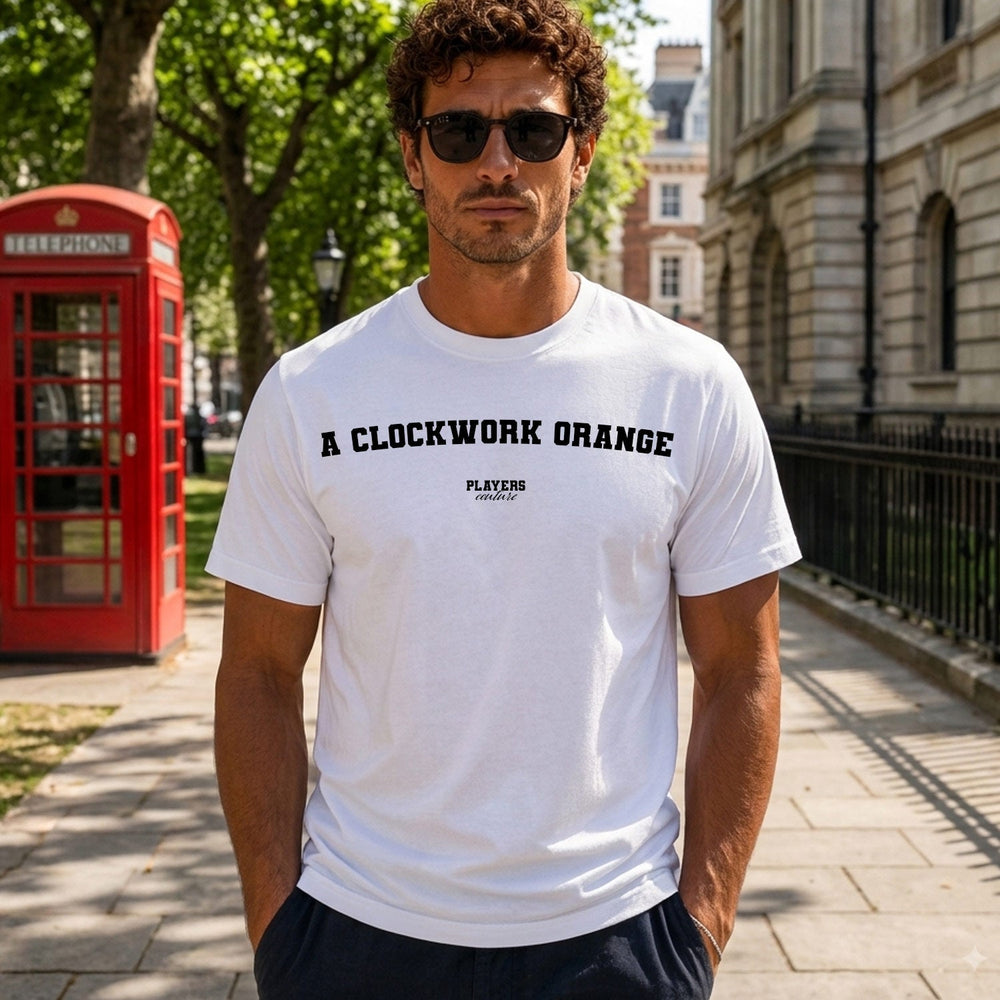 A Clockwork Orange white T-shirt lifestyle photograph