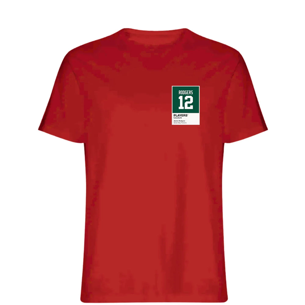 Aaron Rodgers 12 t-shirt – red men's t-shirt featuring the Aaron Rodgers 12 Players Couture logo