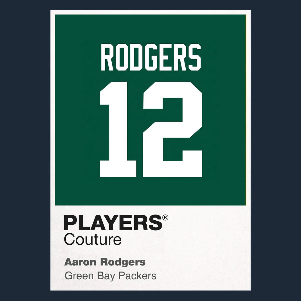 Aaron Rodgers 12 Jersey Frame Men's T-Shirt – navy close-up detail shot of the Aaron Rodgers 12 Players Couture logo design