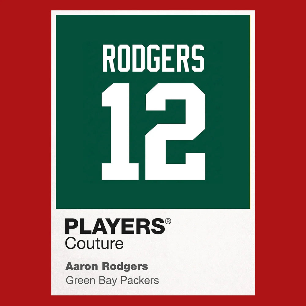 Aaron Rodgers 12 Jersey Frame Men's T-Shirt – red close-up detail shot of the Aaron Rodgers 12 Players Couture logo design