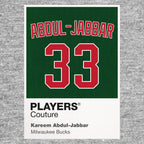 Kareem Abdul-Jabbar 33 Bucks Jersey Frame Men's T-Shirt – grey close-up detail shot of the Kareem Abdul-Jabbar 33 Bucks