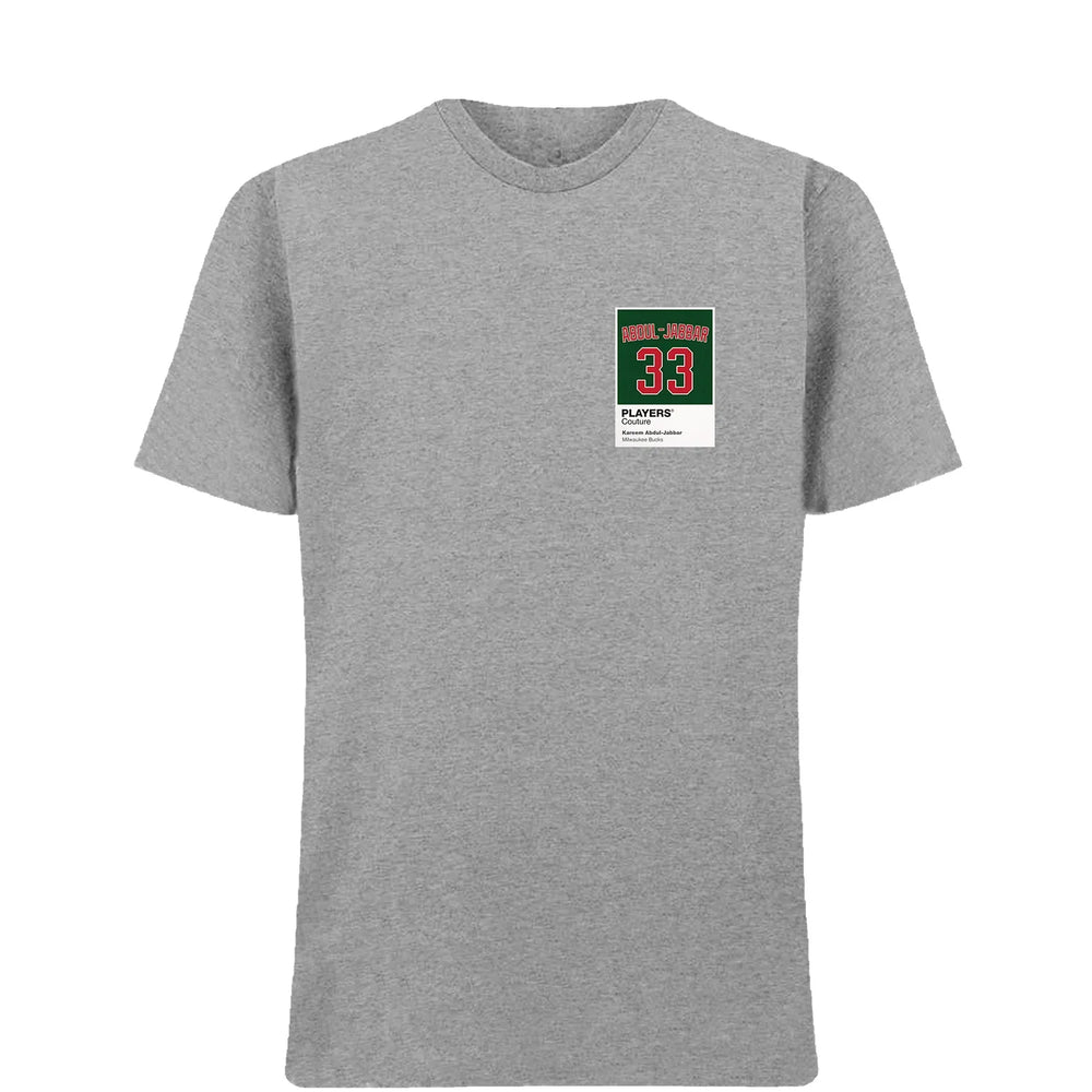 Kareem Abdul-Jabbar 33 Bucks t-shirt – grey men's t-shirt featuring the Kareem Abdul-Jabbar 33 Bucks Players Couture logo