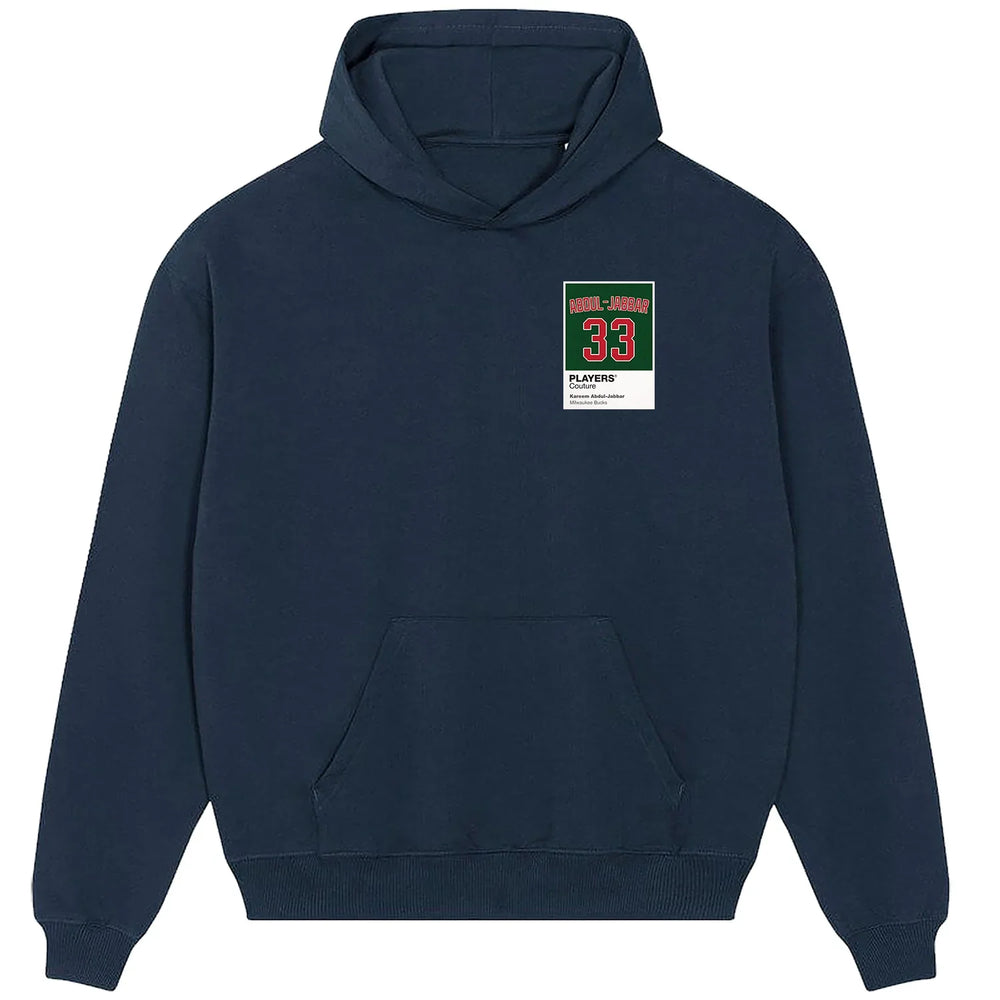 Kareem Abdul Jabbar 33 Bucks hoodie – navy men's hoodie featuring the Kareem Abdul Jabbar 33 Bucks Players Couture logo
