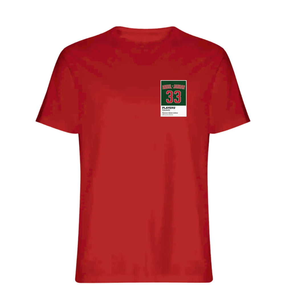 Kareem Abdul-Jabbar 33 Bucks t-shirt – red men's t-shirt featuring the Kareem Abdul-Jabbar 33 Bucks Players Couture logo