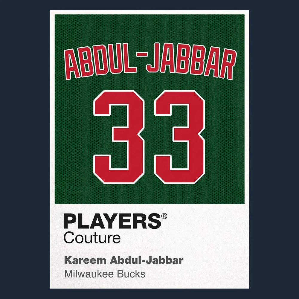 Kareem Abdul-Jabbar 33 Bucks Jersey Frame Men's T-Shirt – navy close-up detail shot of the Kareem Abdul-Jabbar 33 Bucks