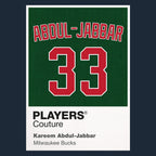 Kareem Abdul-Jabbar 33 Bucks Jersey Frame Men's T-Shirt – navy close-up detail shot of the Kareem Abdul-Jabbar 33 Bucks